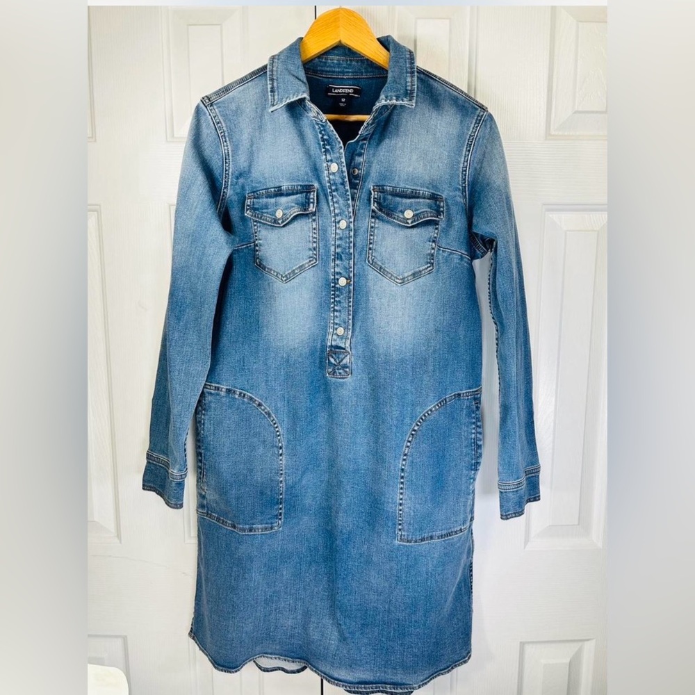 Lands' End Blue Denim Long Sleeve Dress